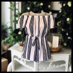 White Boho Navy Stripe Floral Romper Spring Easter Summer Vacation Party Picnic
